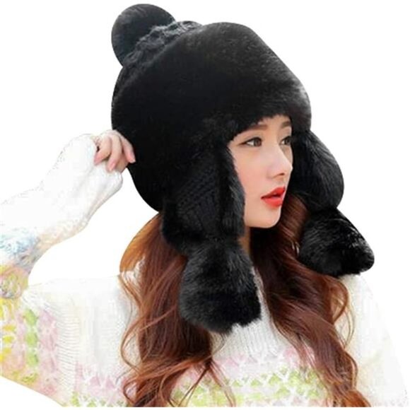 Women's Faux Fur Cossack Winter Warm Ear Flaps Trapper Fluffy Furry Pom Pom Hat